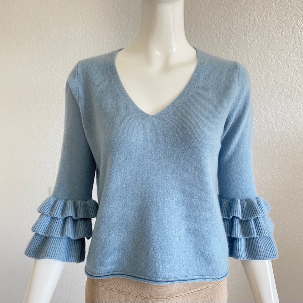 Margaret O'Leary blue Cashmere Ruffle sleeve cashmere Sweater